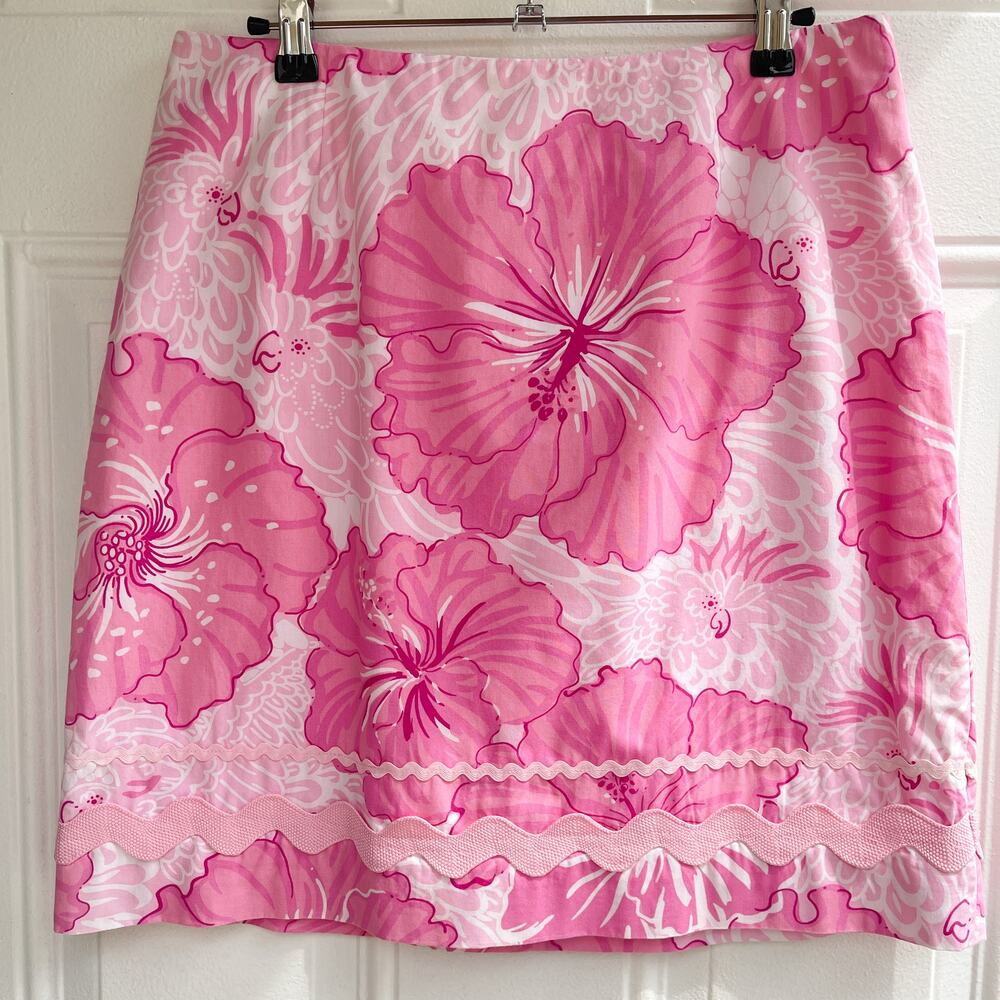 Lilly Pulitzer Pink Hibiscus Floral Cotton Skirt Size 6 Ric Rac Trim